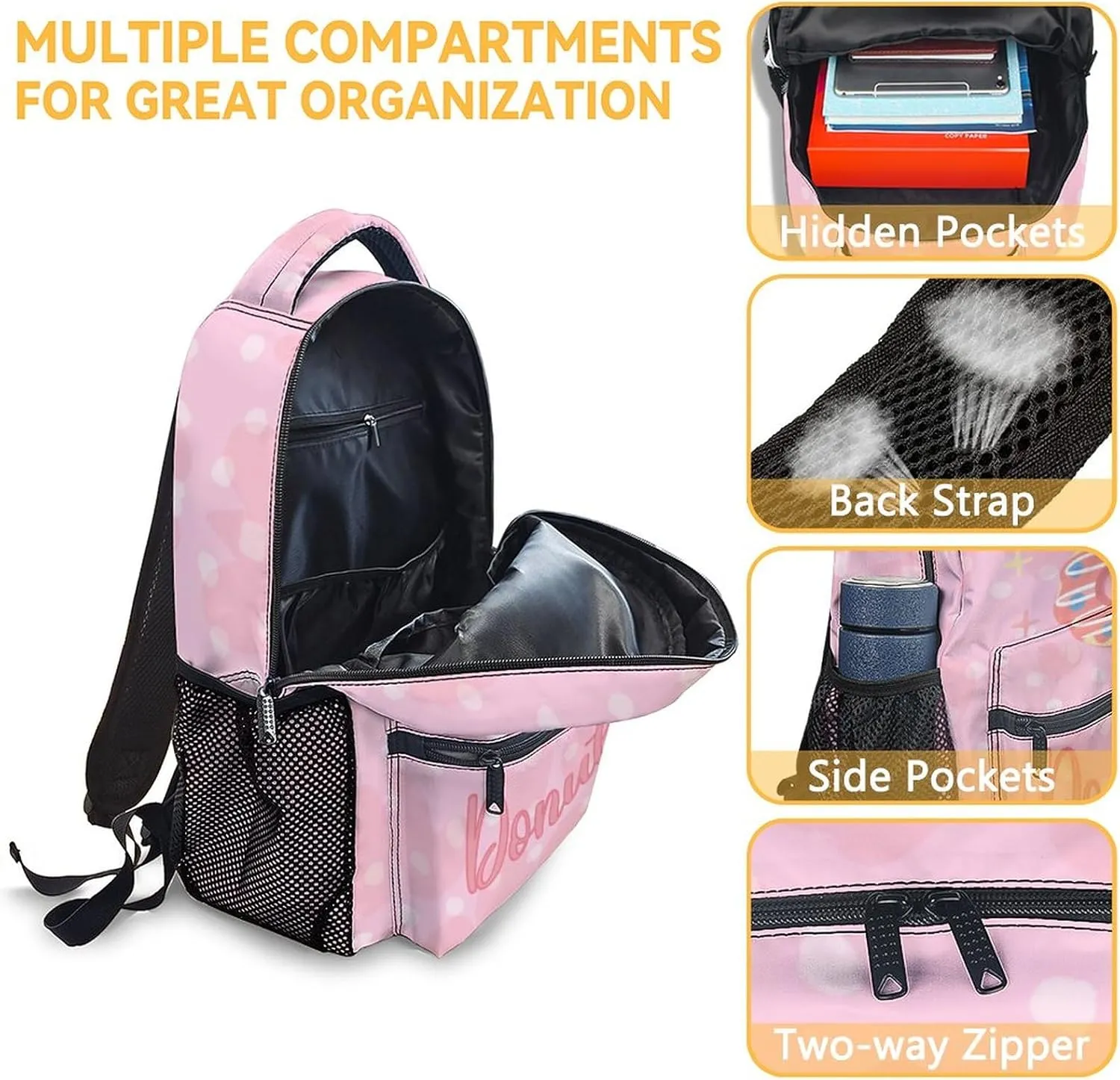 Donut Backpacks for Girls - 16 Inch Cute Backpack for School - Pink, Large Capacity, Durable, Lightweight Bookbag for Kids Travel