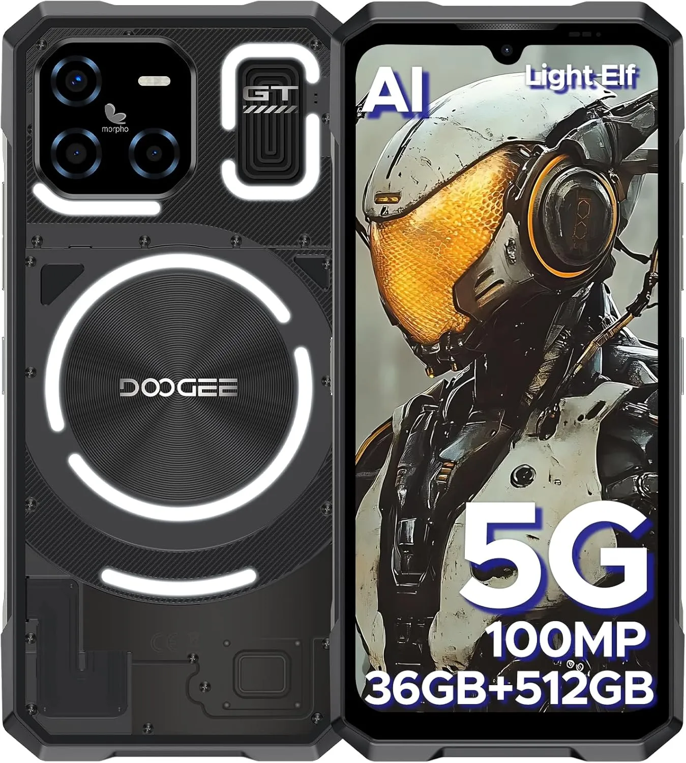 DOOGEE Blade GT Ultra 5G Rugged Smartphone with LED Light Effect, 36GB 512GB/2TB DDR5 Rugged Phone,4nm Dimensity D7300,6.72" FHD 120Hz, AI 100 32MP Android 14 Gaming Phones,Face & Finger ID/WIFI6