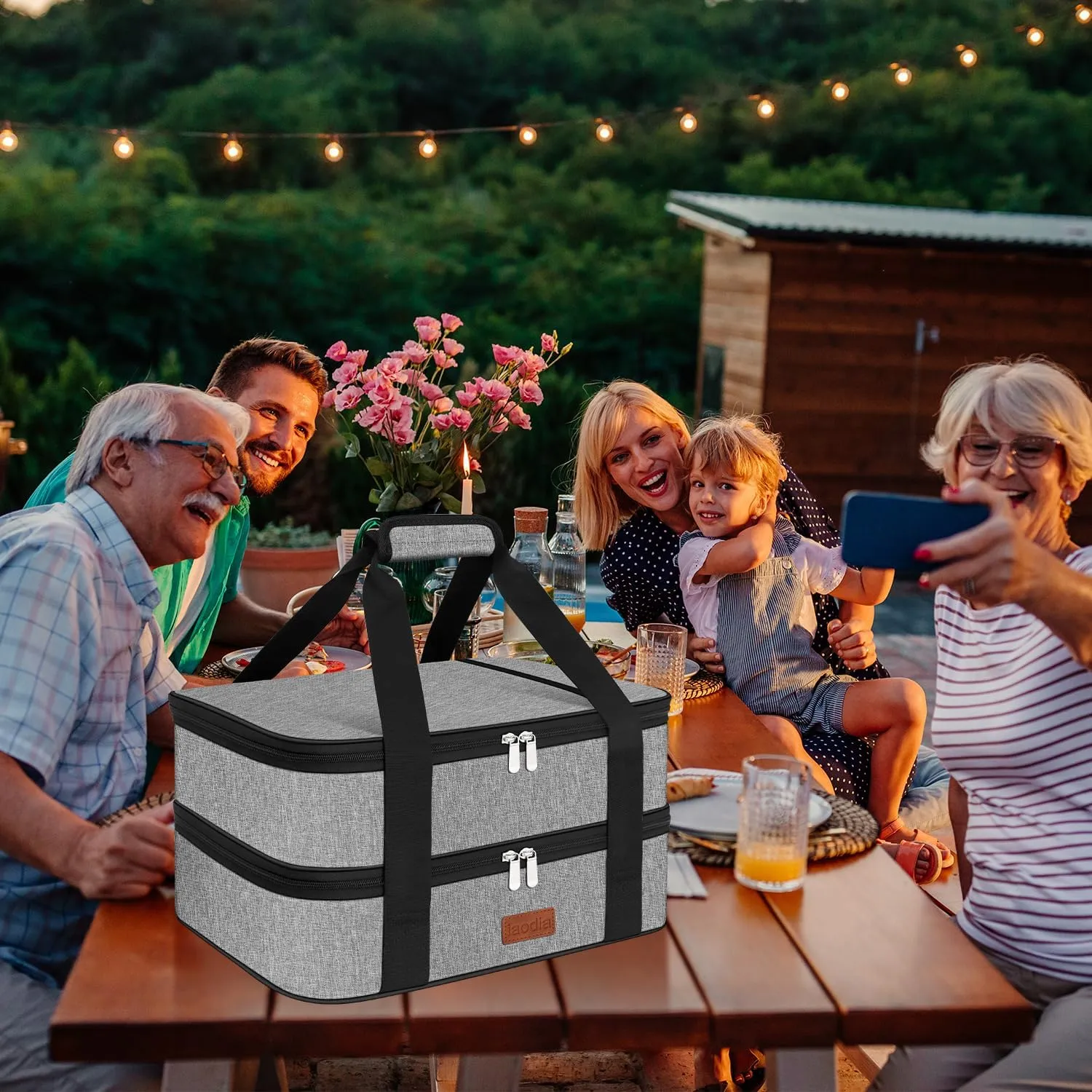 Double Casserole Carrier Bag，Expandable Thermal Food Carrier Insulated Travel Carry Bag for Hot or Cold Food for Picnic Cookouts Potluck Parties Fits 9" x 13" Baking Dish (Gray)