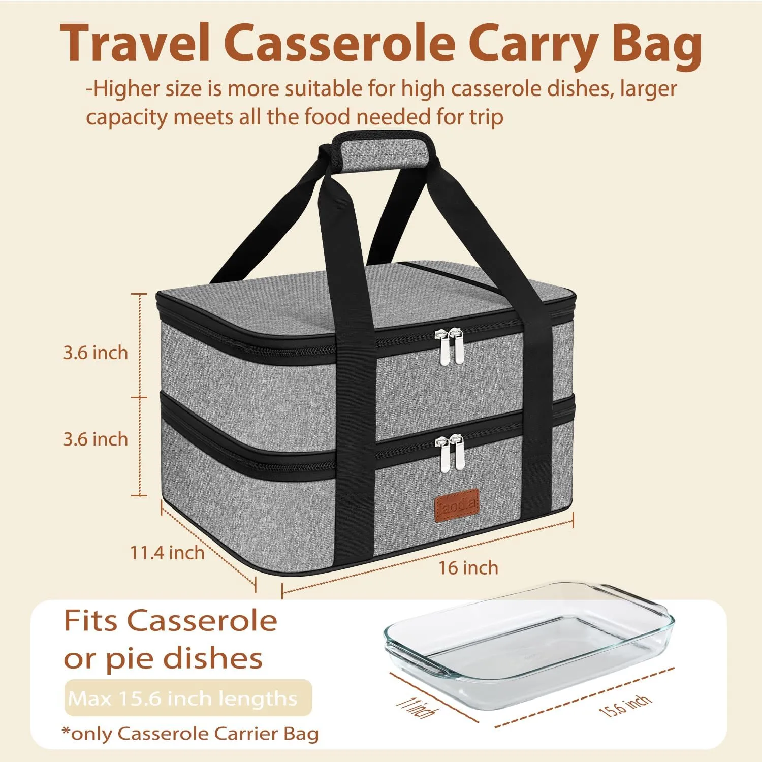 Double Casserole Carrier Bag，Expandable Thermal Food Carrier Insulated Travel Carry Bag for Hot or Cold Food for Picnic Cookouts Potluck Parties Fits 9" x 13" Baking Dish (Gray)