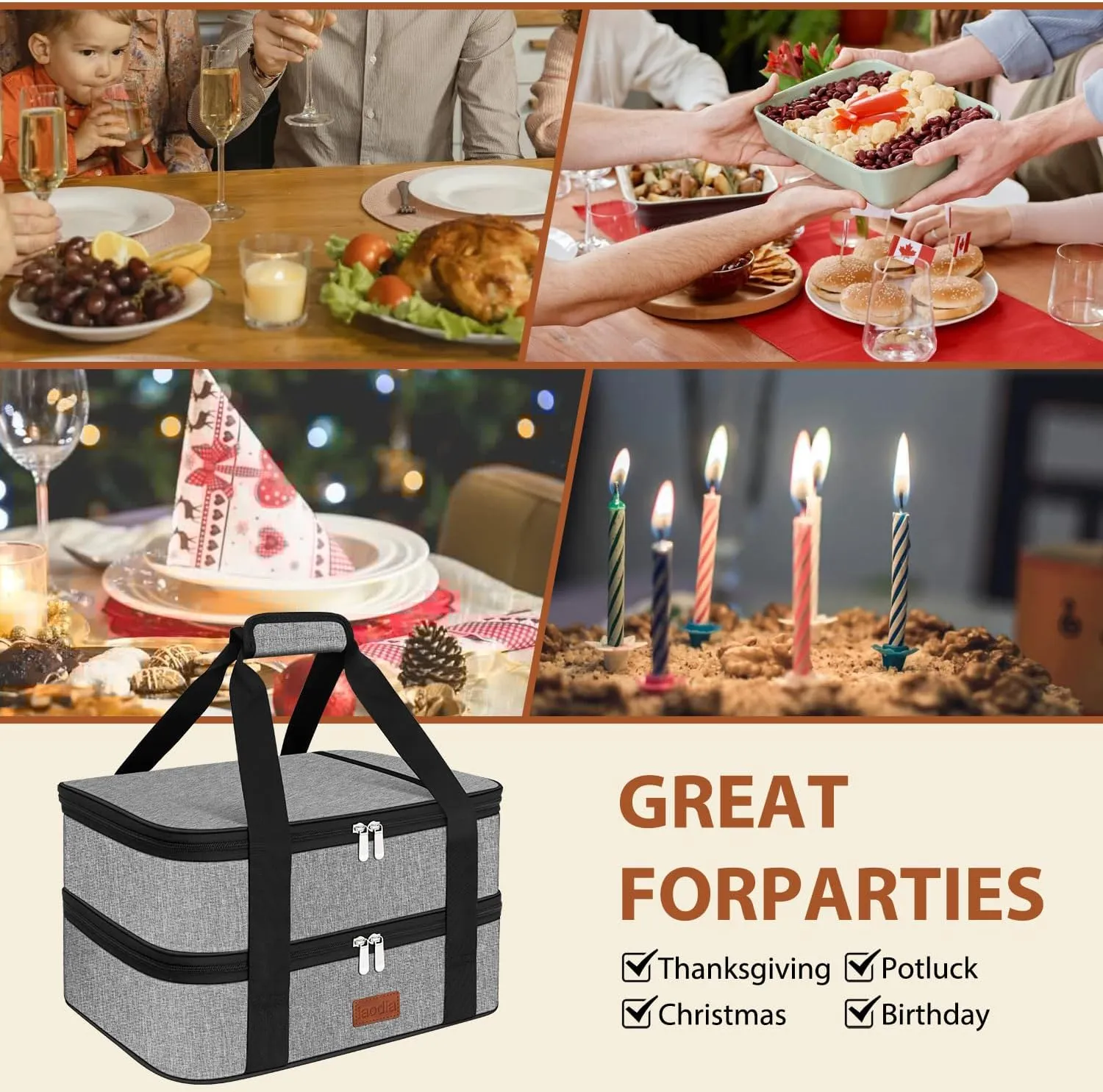 Double Casserole Carrier Bag，Expandable Thermal Food Carrier Insulated Travel Carry Bag for Hot or Cold Food for Picnic Cookouts Potluck Parties Fits 9" x 13" Baking Dish (Gray)
