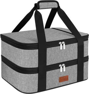 Double Casserole Carrier Bag，Expandable Thermal Food Carrier Insulated Travel Carry Bag for Hot or Cold Food for Picnic Cookouts Potluck Parties Fits 9" x 13" Baking Dish (Gray)