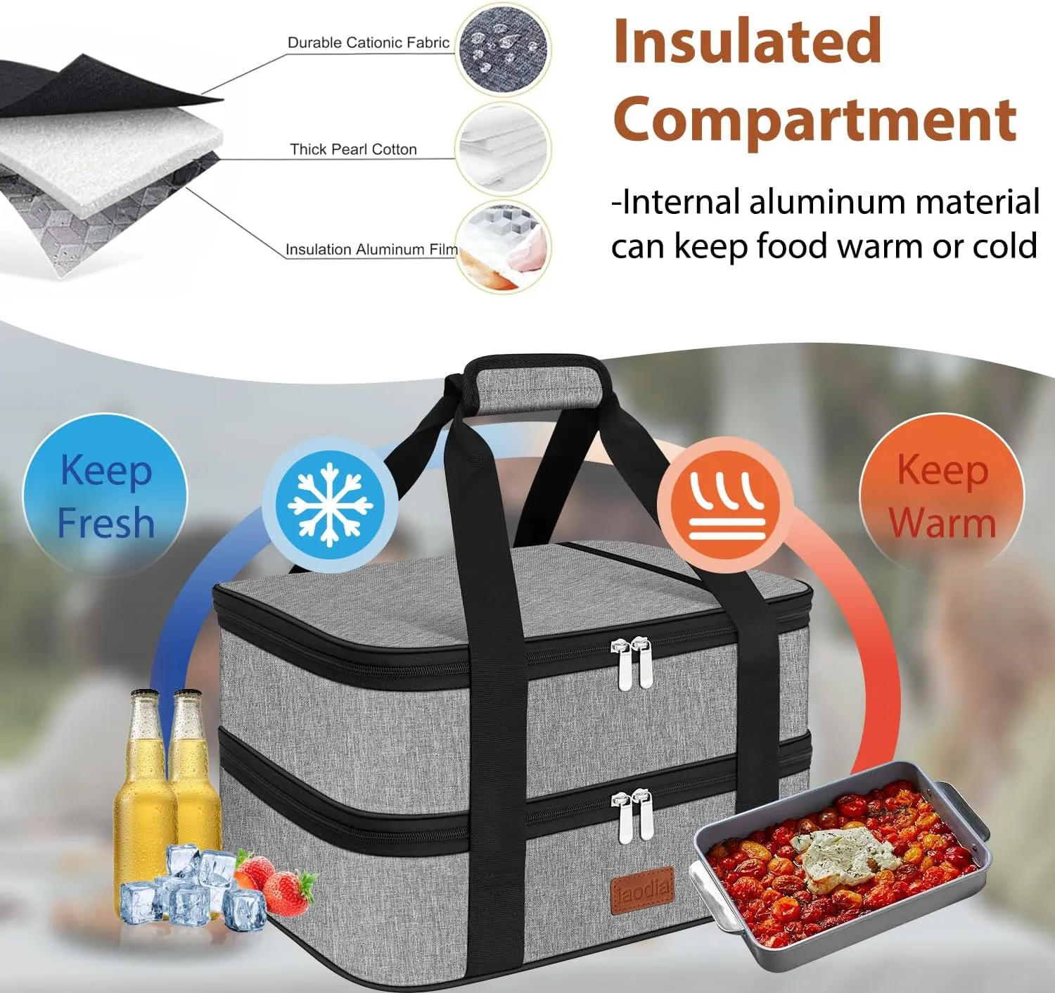 Double Casserole Carrier Bag，Expandable Thermal Food Carrier Insulated Travel Carry Bag for Hot or Cold Food for Picnic Cookouts Potluck Parties Fits 9" x 13" Baking Dish (Gray)