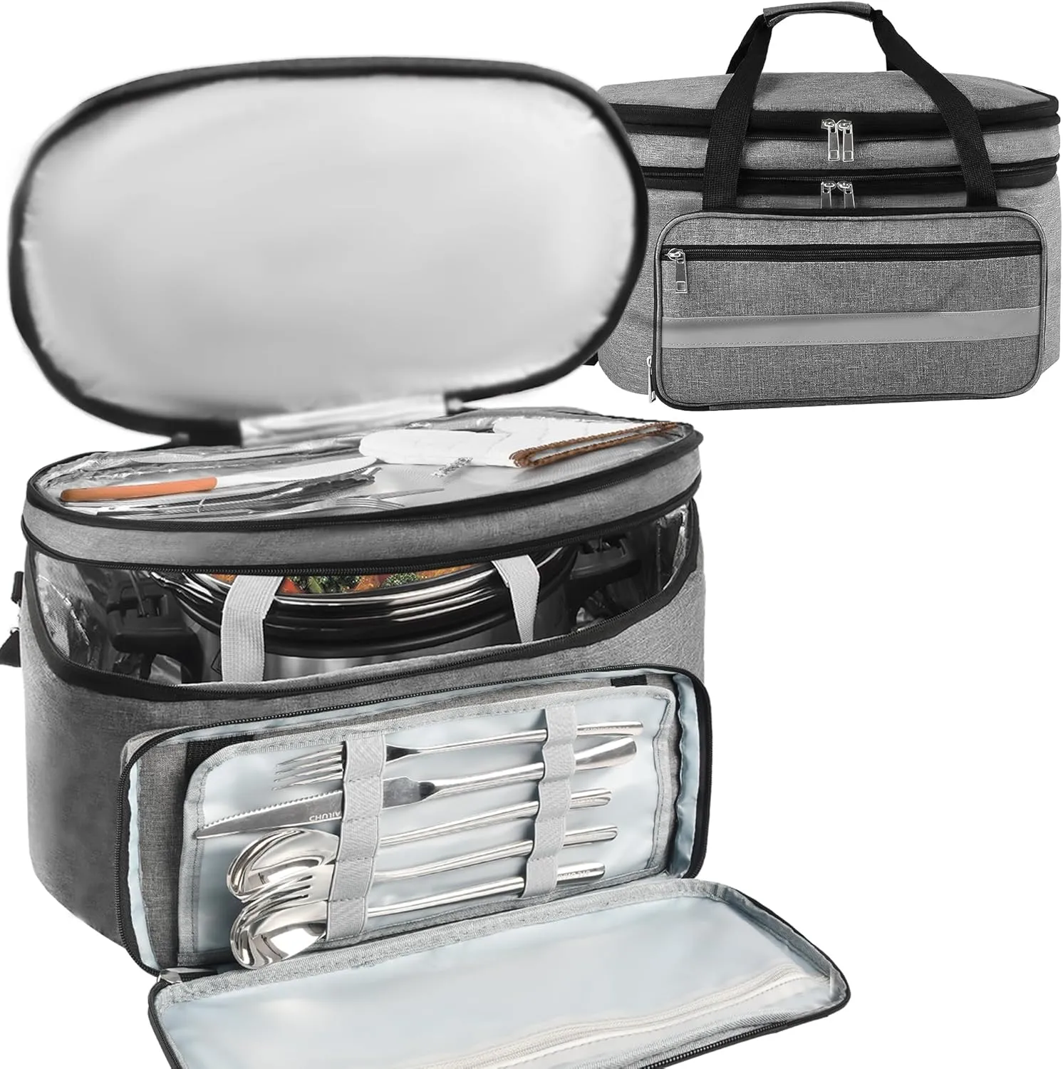 Double-Layer Slow Cooker Carrying Bag, Insulated Travel Carrier with Adjustable Band and Accessory Pocket, Portable Carrier Case for 6-8 Quart Crock, Compatible With Other Brands (Grey, Bag Only)