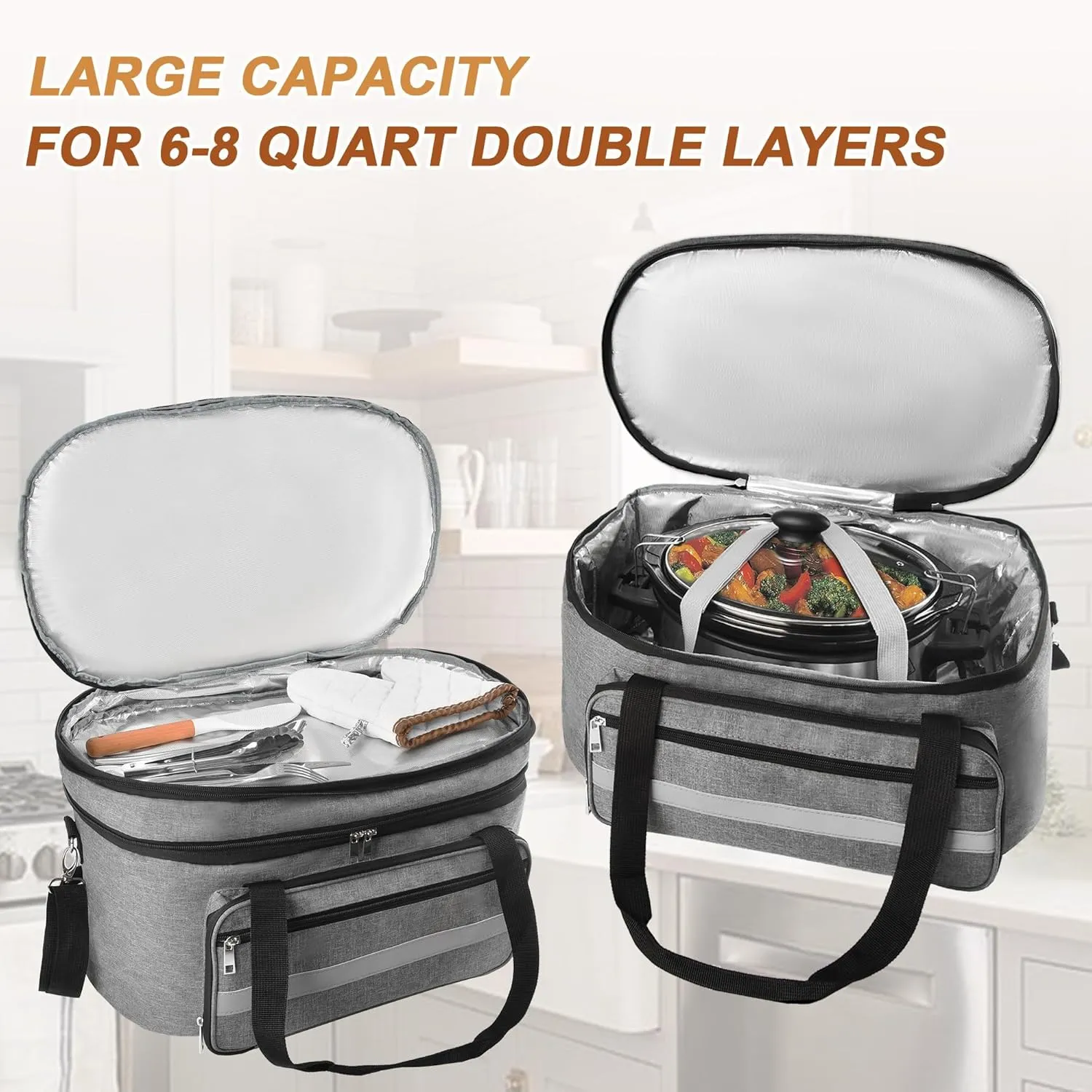 Double-Layer Slow Cooker Carrying Bag, Insulated Travel Carrier with Adjustable Band and Accessory Pocket, Portable Carrier Case for 6-8 Quart Crock, Compatible With Other Brands (Grey, Bag Only)