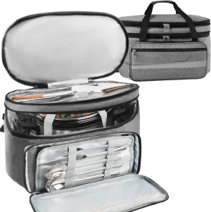 Double-Layer Slow Cooker Carrying Bag, Insulated Travel Carrier with Adjustable Band and Accessory Pocket, Portable Carrier Case for 6-8 Quart Crock, Compatible With Other Brands (Grey, Bag Only)