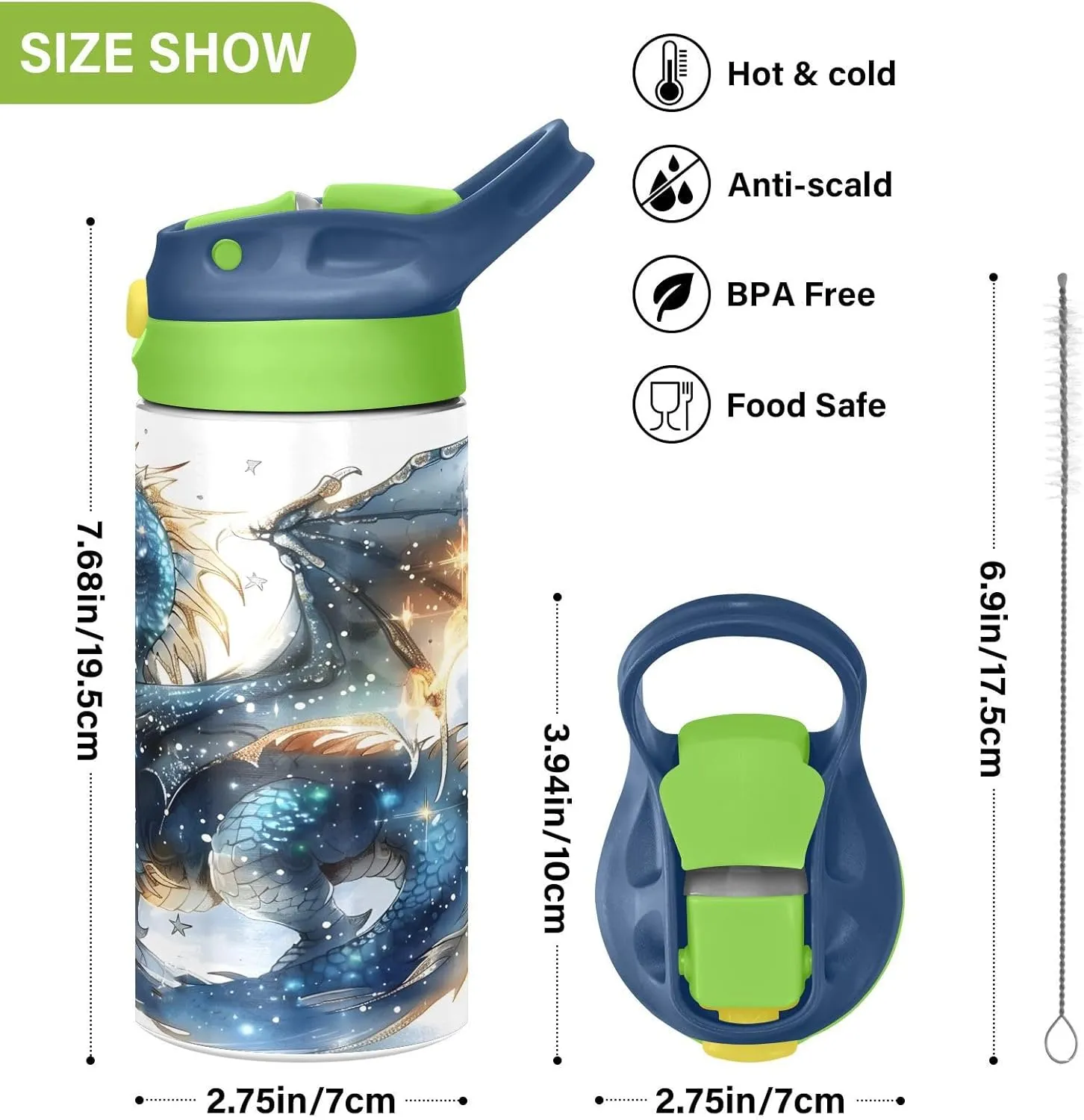 Dragon Water Fire Kids Water Bottle with Straw Lid Insulated Tumbler with Handle Stainless Steel Reusable Toddlers Cup for Kids Boys 12 oz