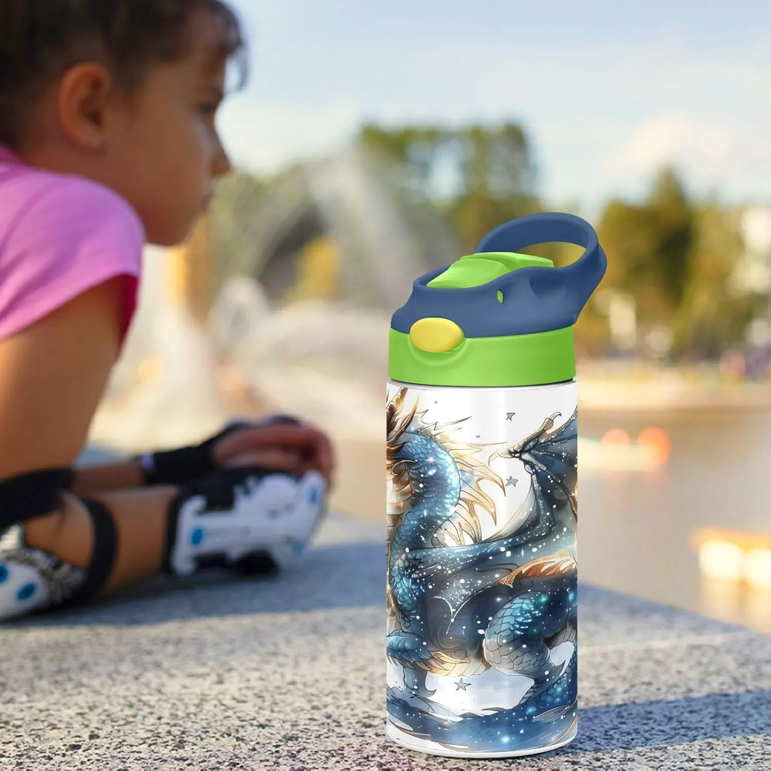 Dragon Water Fire Kids Water Bottle with Straw Lid Insulated Tumbler with Handle Stainless Steel Reusable Toddlers Cup for Kids Boys 12 oz