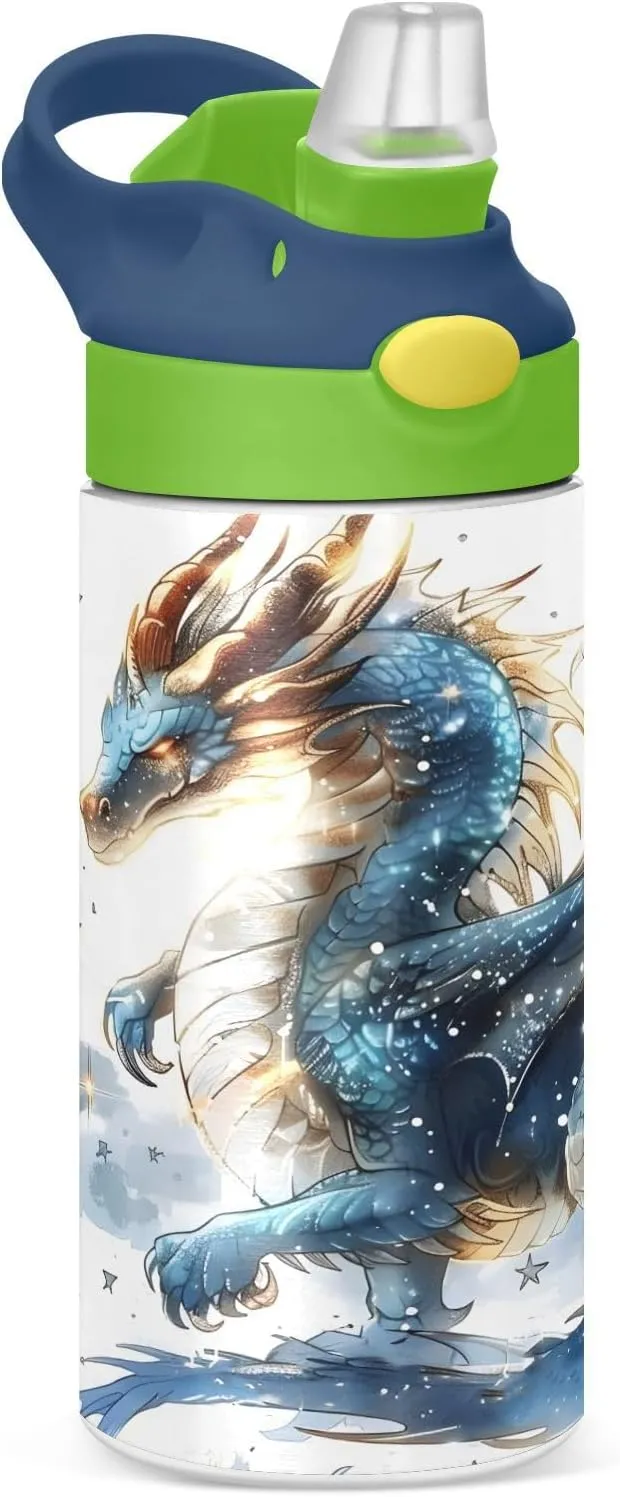Dragon Water Fire Kids Water Bottle with Straw Lid Insulated Tumbler with Handle Stainless Steel Reusable Toddlers Cup for Kids Boys 12 oz