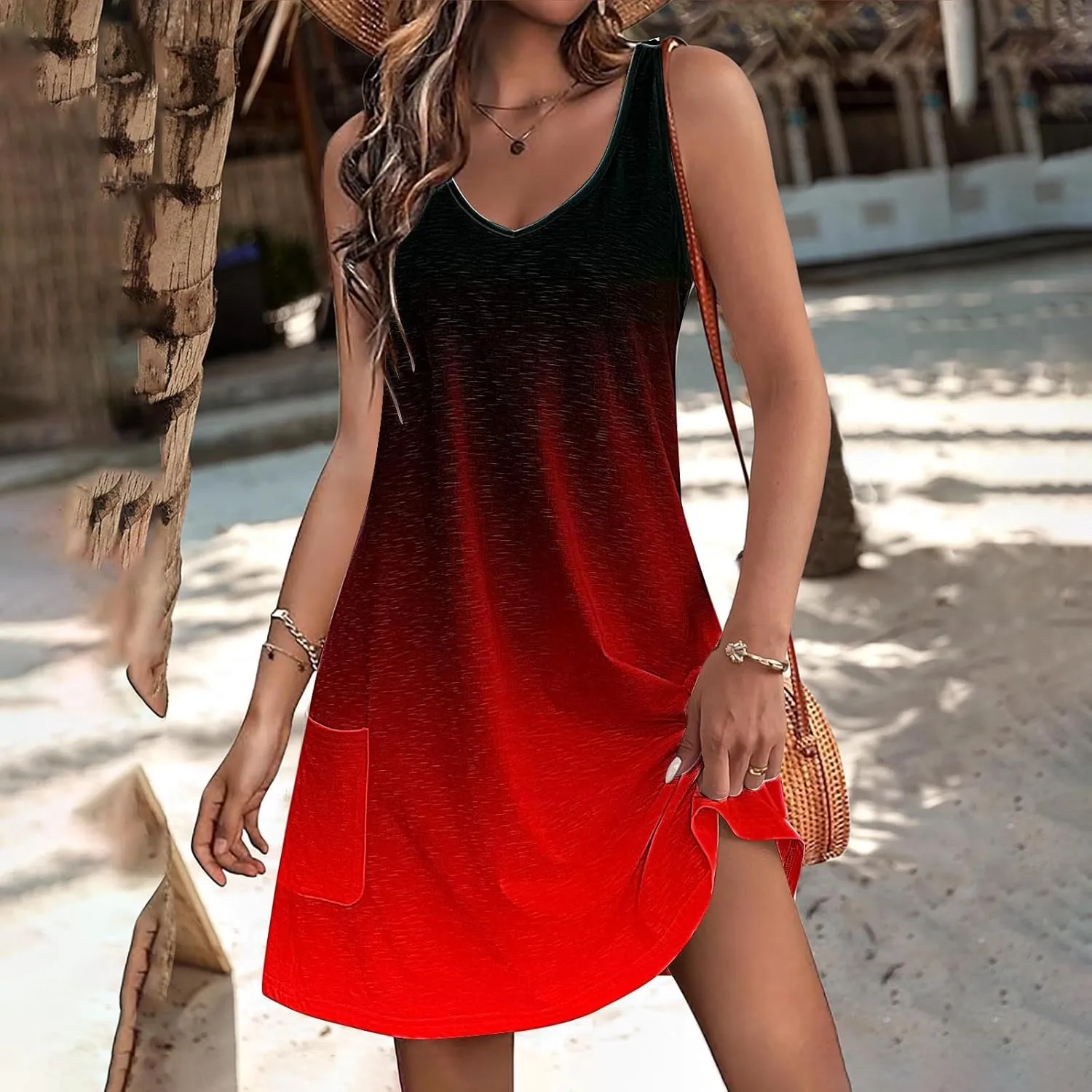 Dresses for Women 2024 Casual Gradient Graphic Print Sun Dress Sleeveless A Line Beach Dress with Pockets