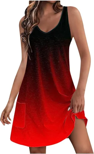 Dresses for Women 2024 Casual Gradient Graphic Print Sun Dress Sleeveless A Line Beach Dress with Pockets