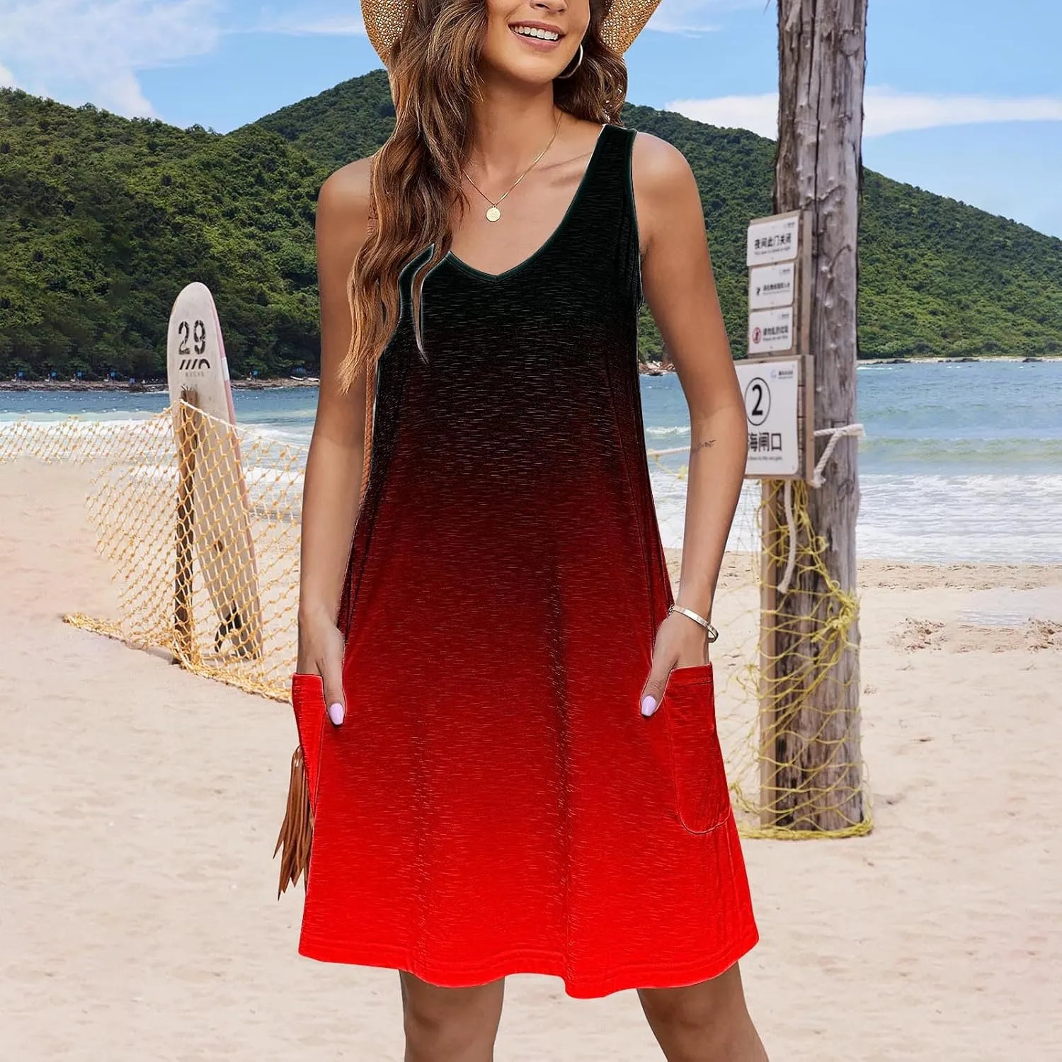 Dresses for Women 2024 Casual Gradient Graphic Print Sun Dress Sleeveless A Line Beach Dress with Pockets
