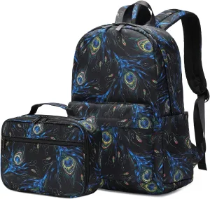 ecodudo Feather Print Girls Backpack Set for Teens Backpacks School Bookbags with Lunch Bag (Feather Black)
