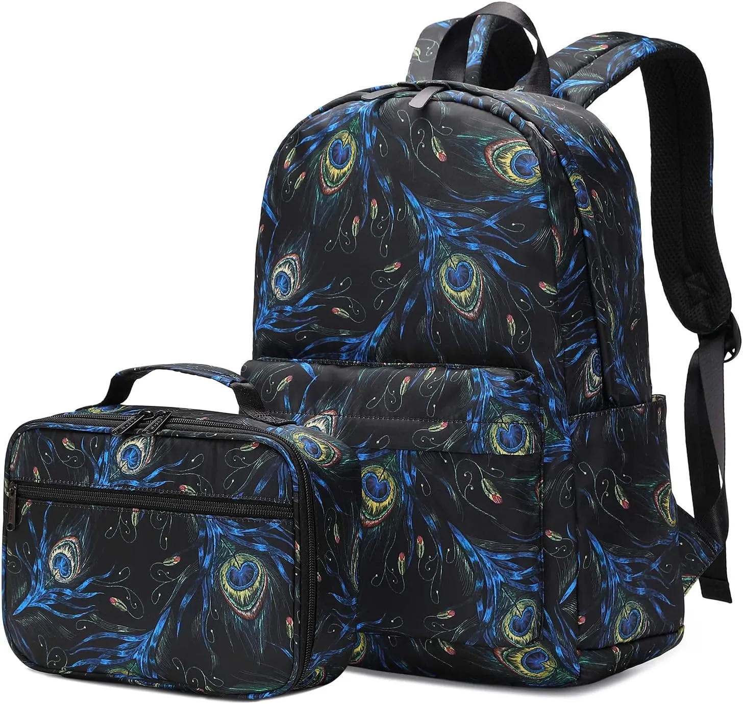 ecodudo Feather Print Girls Backpack Set for Teens Backpacks School Bookbags with Lunch Bag (Feather Black)
