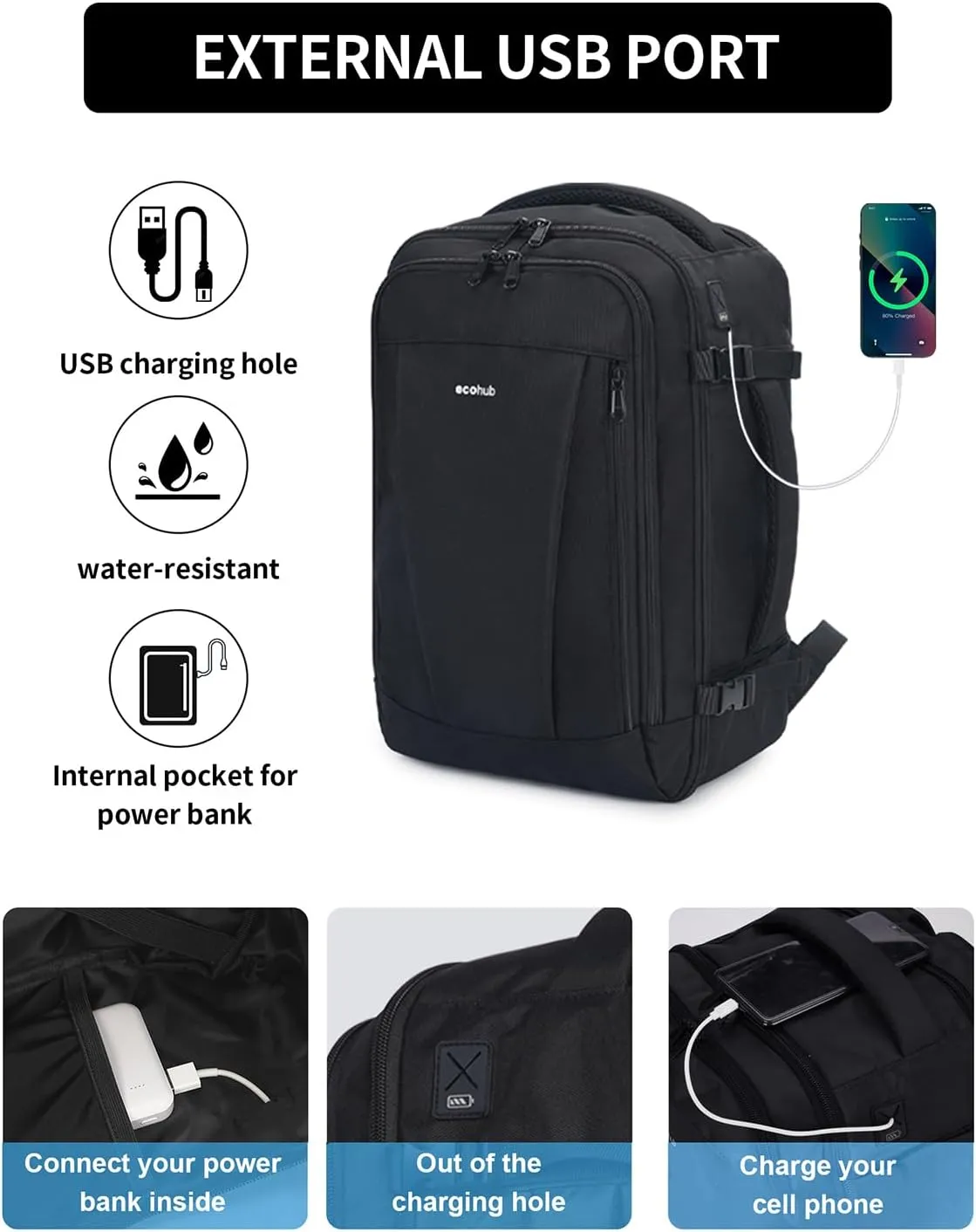 ECOHUB 17'' Travel Backpack, Personal Item Backpack with 13 Pockets, Flight Approved Carry on Backpack with USB Port & Luggage Sleeve, Travel bag for Men & Women, Water Resistant Backpack, Black