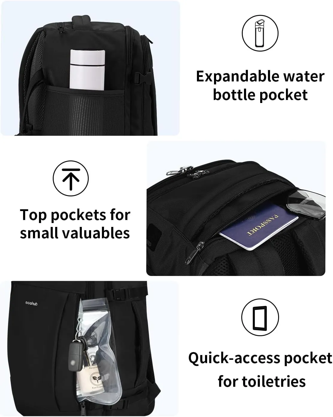 ECOHUB 17'' Travel Backpack, Personal Item Backpack with 13 Pockets, Flight Approved Carry on Backpack with USB Port & Luggage Sleeve, Travel bag for Men & Women, Water Resistant Backpack, Black