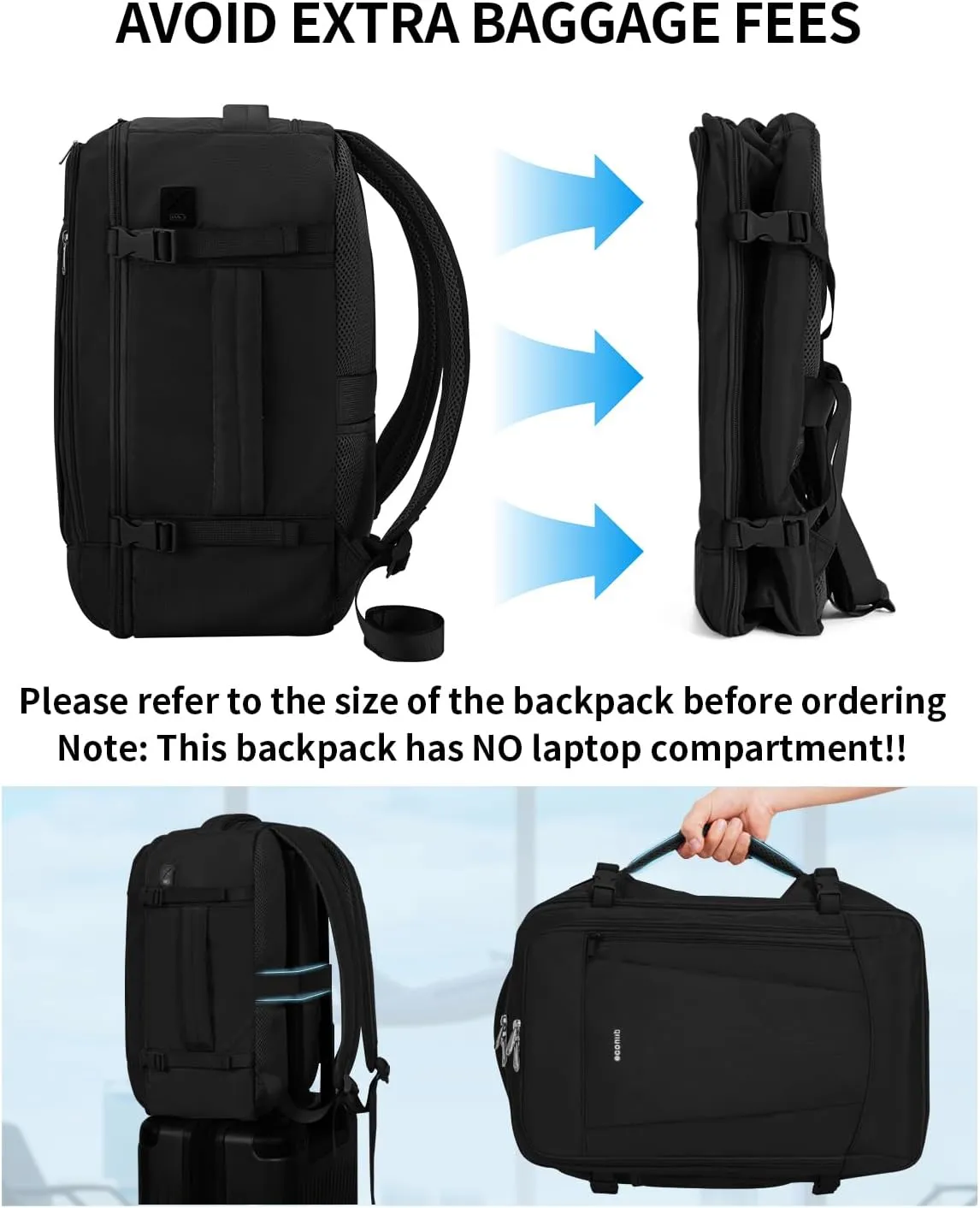 ECOHUB 17'' Travel Backpack, Personal Item Backpack with 13 Pockets, Flight Approved Carry on Backpack with USB Port & Luggage Sleeve, Travel bag for Men & Women, Water Resistant Backpack, Black