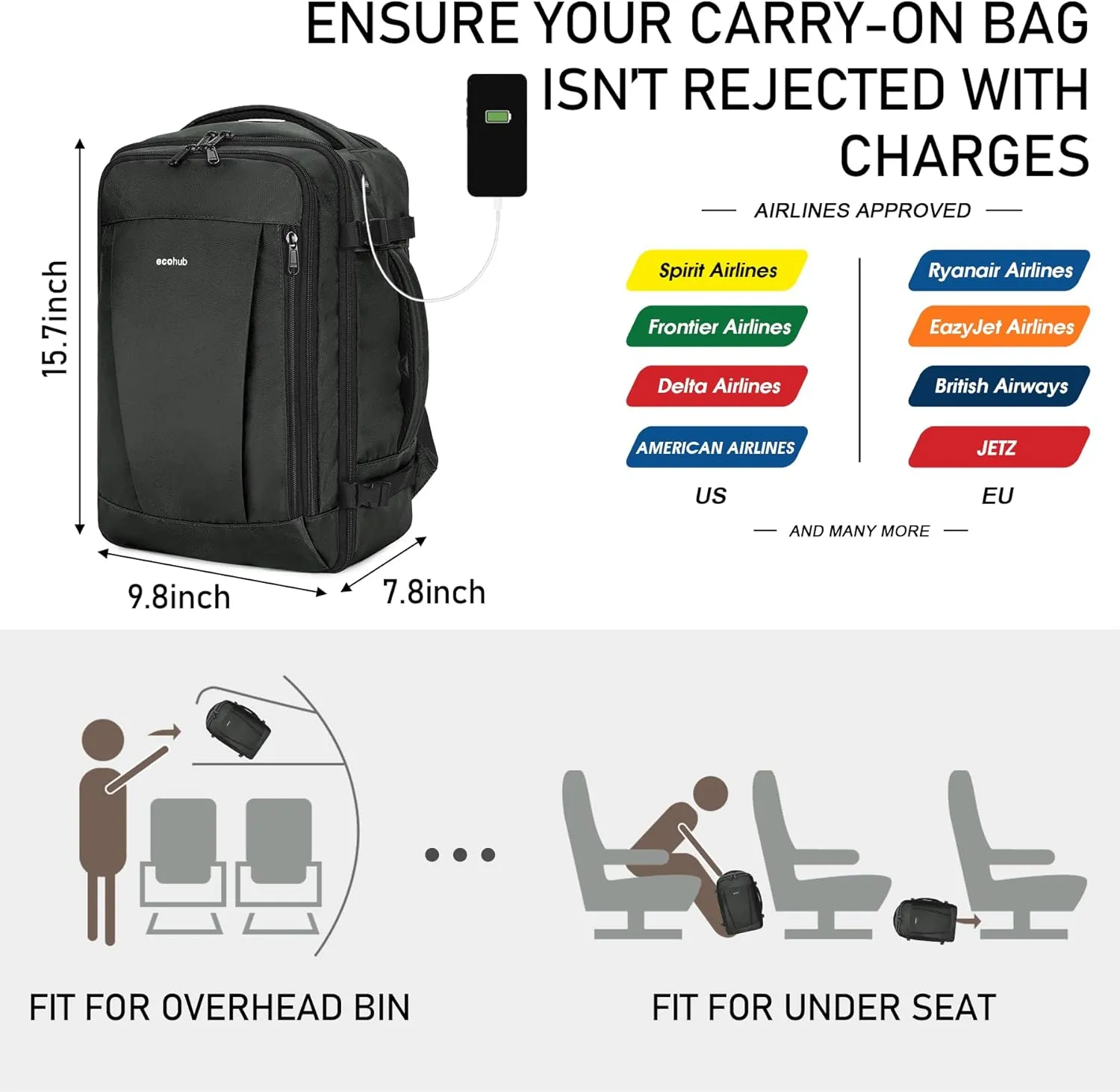 ECOHUB Travel Backpack 18x14x8 Spirit Airlines Personal Item Bag Carry On Backpack 13 Pockets Large Work Casual Daypack for men Airline Approved Waterproof Gym Backpack with Charging Port, Gray