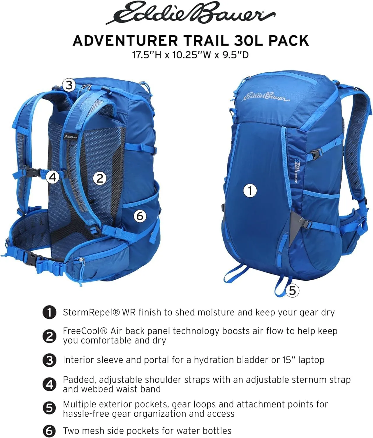 Eddie Bauer Backpack with Organization Compartments and Hydration/Laptop Compatible Sleeve, Adventurer Trail-Black, 30L