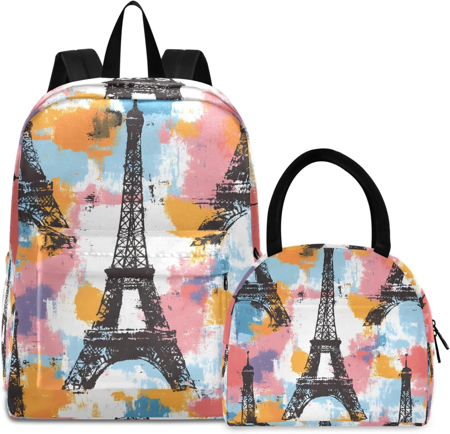 Eiffel Tower Backpack Set with Lunch Bag for Girls Boys Elementary Primary School Kids Lightweight Daypack Set