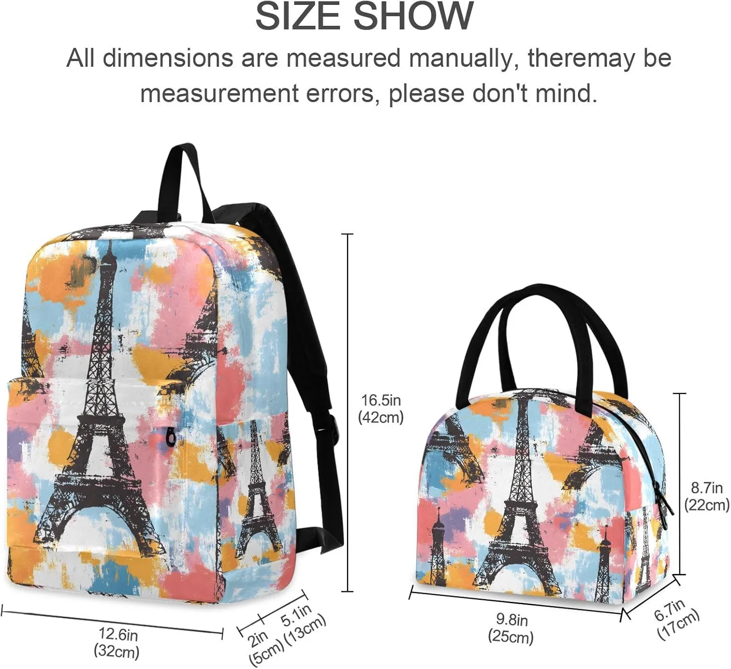 Eiffel Tower Backpack Set with Lunch Bag for Girls Boys Elementary Primary School Kids Lightweight Daypack Set