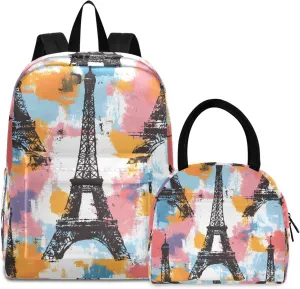 Eiffel Tower Backpack Set with Lunch Bag for Girls Boys Elementary Primary School Kids Lightweight Daypack Set