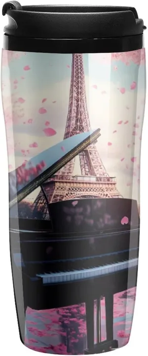 Eiffel Tower Cherry Flowers Coffee Mug with Lid Portable Tumbler Water Bottle for Travel Business 350ml