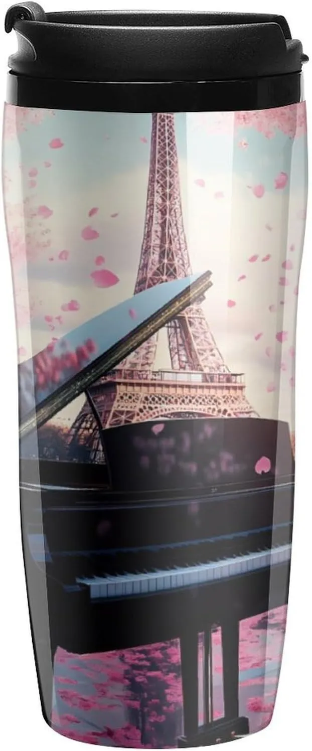 Eiffel Tower Cherry Flowers Coffee Mug with Lid Portable Tumbler Water Bottle for Travel Business 350ml