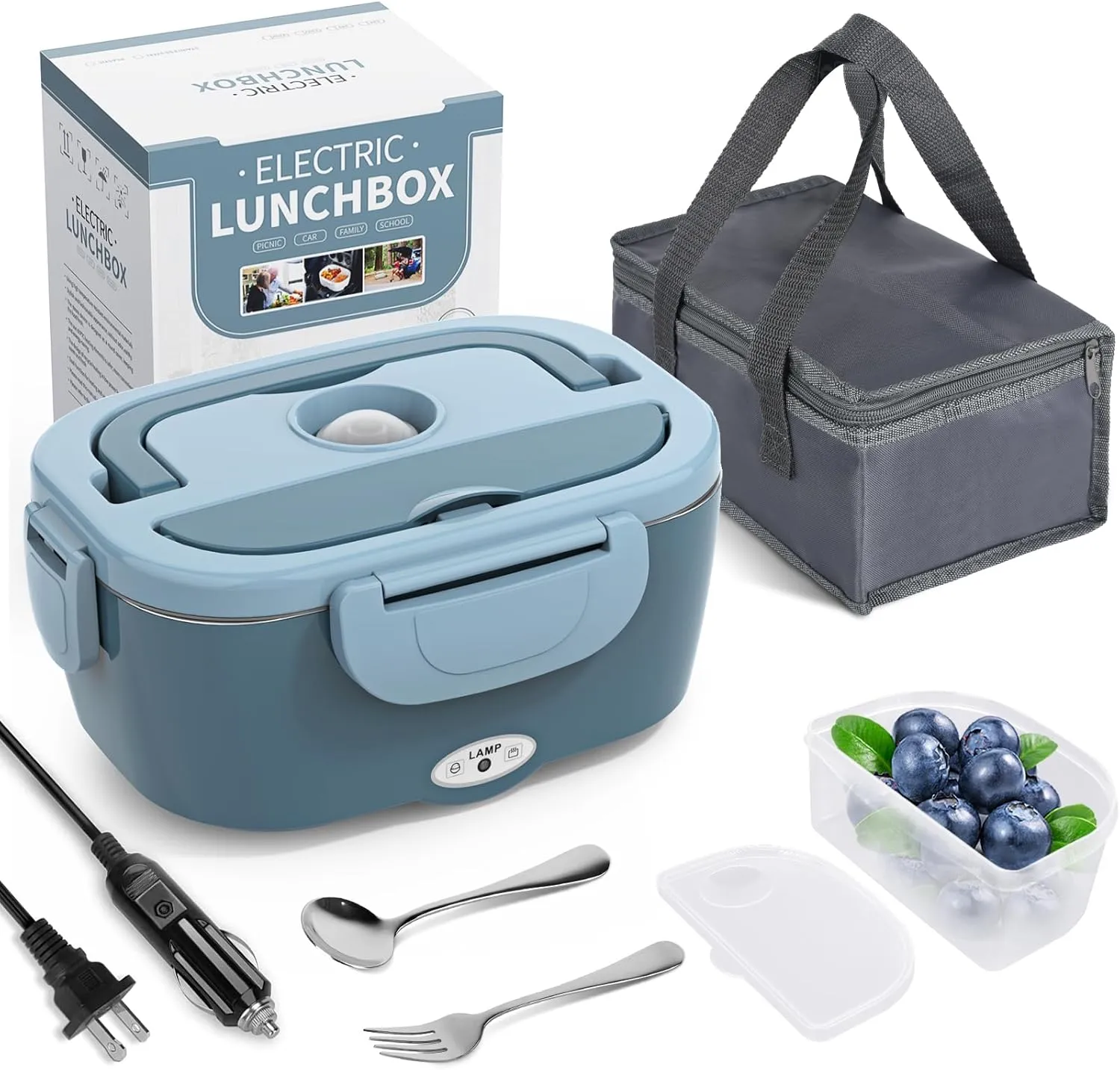 Electric Lunch Box Food Heater, 3 in 1 Ultra Quick Heated Lunch Boxes for Adults, 12V/24V/110V Portable Food Warmer for Car/Truck/Office With Fork Spoon and Insulated Carry Bag