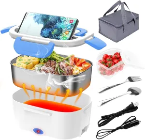 Electric Lunch Box, Food Warmer Heater 12V 24V 110V, 80W Faster Heated Lunch Box for Car/Truck/Home Portable Heating Boxes with 1.5L 304 SS Container Fork & Spoon, White Blue