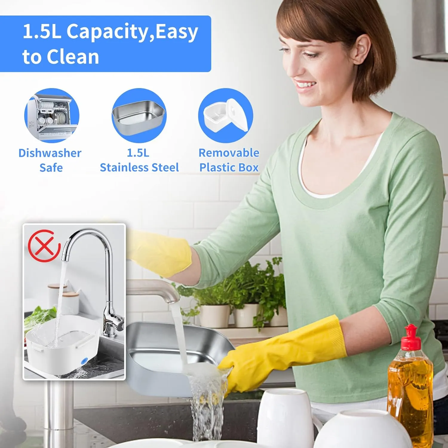 Electric Lunch Box, Food Warmer Heater 12V 24V 110V, 80W Faster Heated Lunch Box for Car/Truck/Home Portable Heating Boxes with 1.5L 304 SS Container Fork & Spoon, White Blue