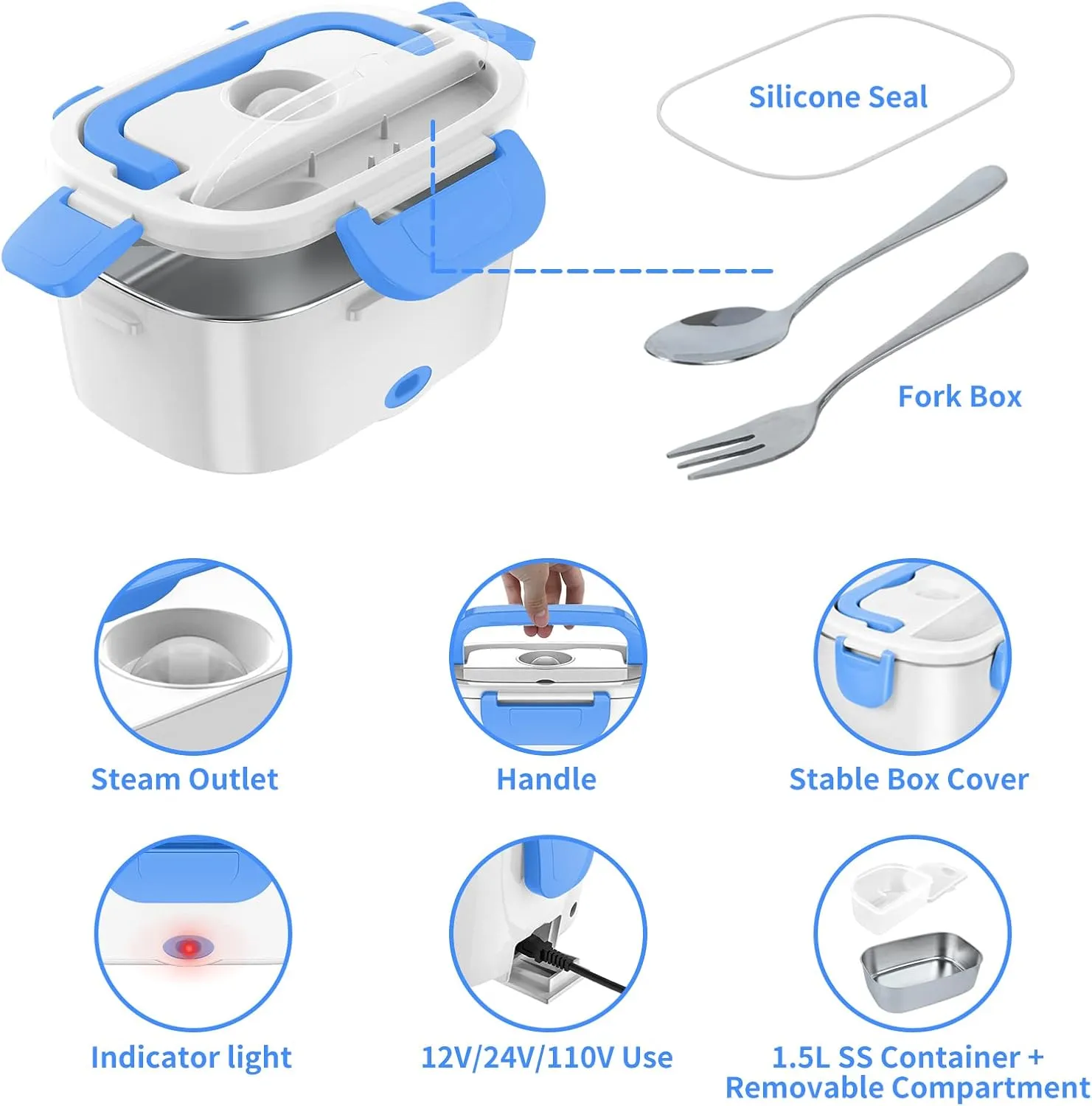 Electric Lunch Box, Food Warmer Heater 12V 24V 110V, 80W Faster Heated Lunch Box for Car/Truck/Home Portable Heating Boxes with 1.5L 304 SS Container Fork & Spoon, White Blue