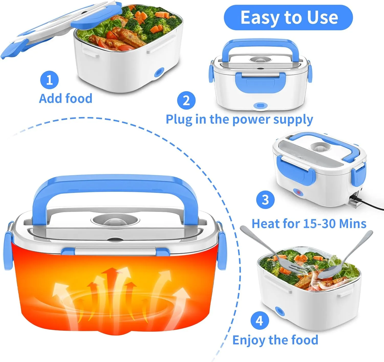 Electric Lunch Box, Food Warmer Heater 12V 24V 110V, 80W Faster Heated Lunch Box for Car/Truck/Home Portable Heating Boxes with 1.5L 304 SS Container Fork & Spoon, White Blue