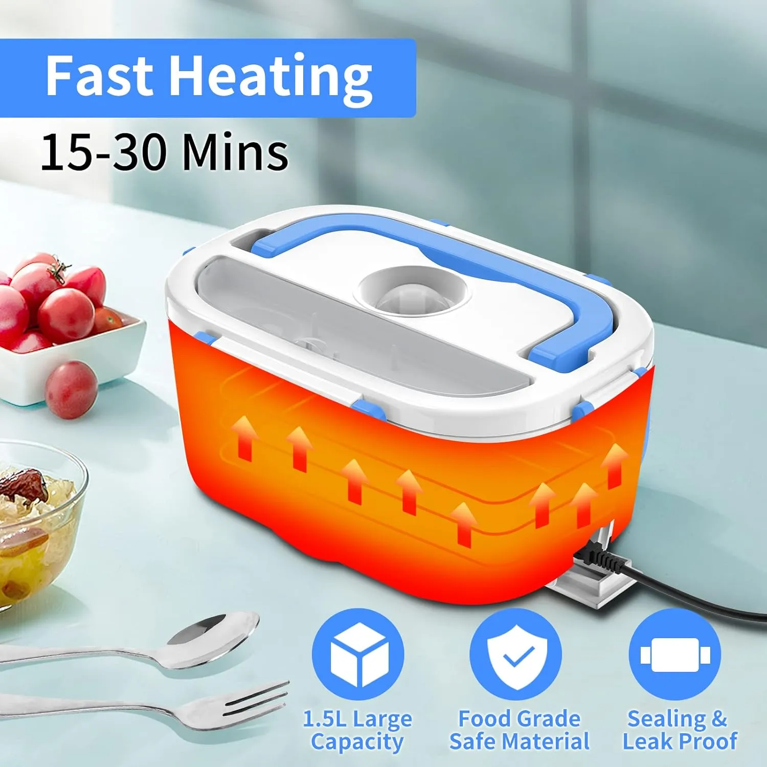 Electric Lunch Box, Food Warmer Heater 12V 24V 110V, 80W Faster Heated Lunch Box for Car/Truck/Home Portable Heating Boxes with 1.5L 304 SS Container Fork & Spoon, White Blue