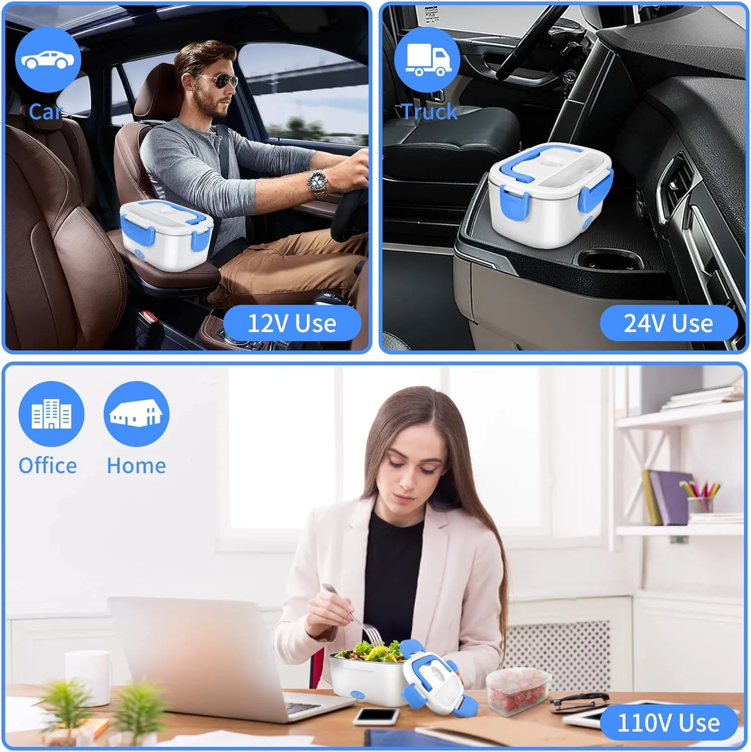 Electric Lunch Box, Food Warmer Heater 12V 24V 110V, 80W Faster Heated Lunch Box for Car/Truck/Home Portable Heating Boxes with 1.5L 304 SS Container Fork & Spoon, White Blue