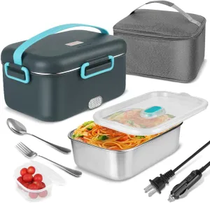 Electric Lunch Box Food Warmer Heater for Adults 80W, 1.8L Portable Upgraded Heated Lunch Box for Truck/Car/Office/Home,with 0.45L Compartment Fork & Spoon and Insulated Carry Bag (Grey Bule)