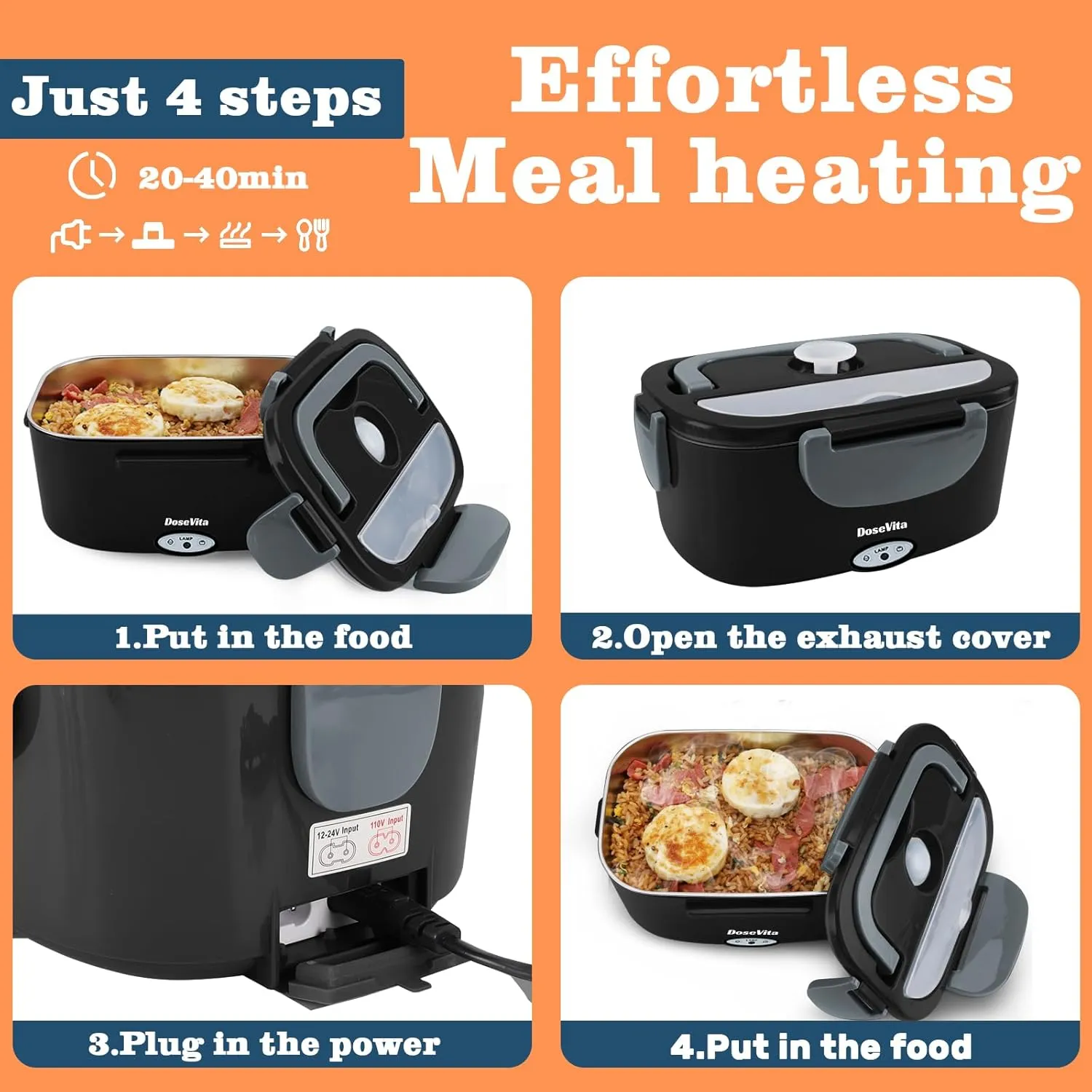 Electric Lunch Box for Adults, 80W Heated Lunch Box, 1.5L Stainless Steel Container | 12V/24V (Car/Truck) & 110V (Office/Home) | with Fork&Spoon and Insulated Carry Bag