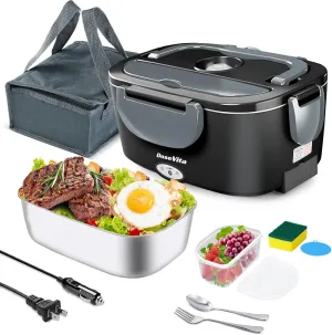 Electric Lunch Box for Adults, 80W Heated Lunch Box, 1.5L Stainless Steel Container | 12V/24V (Car/Truck) & 110V (Office/Home) | with Fork&Spoon and Insulated Carry Bag