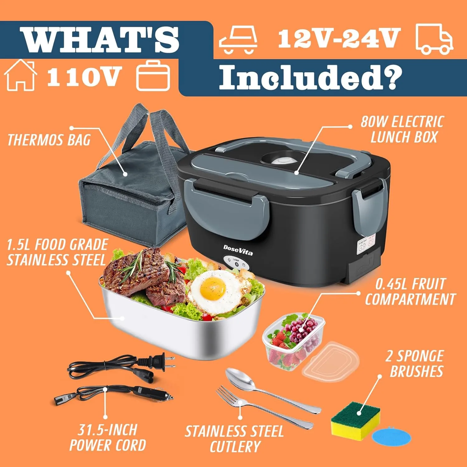 Electric Lunch Box for Adults, 80W Heated Lunch Box, 1.5L Stainless Steel Container | 12V/24V (Car/Truck) & 110V (Office/Home) | with Fork&Spoon and Insulated Carry Bag