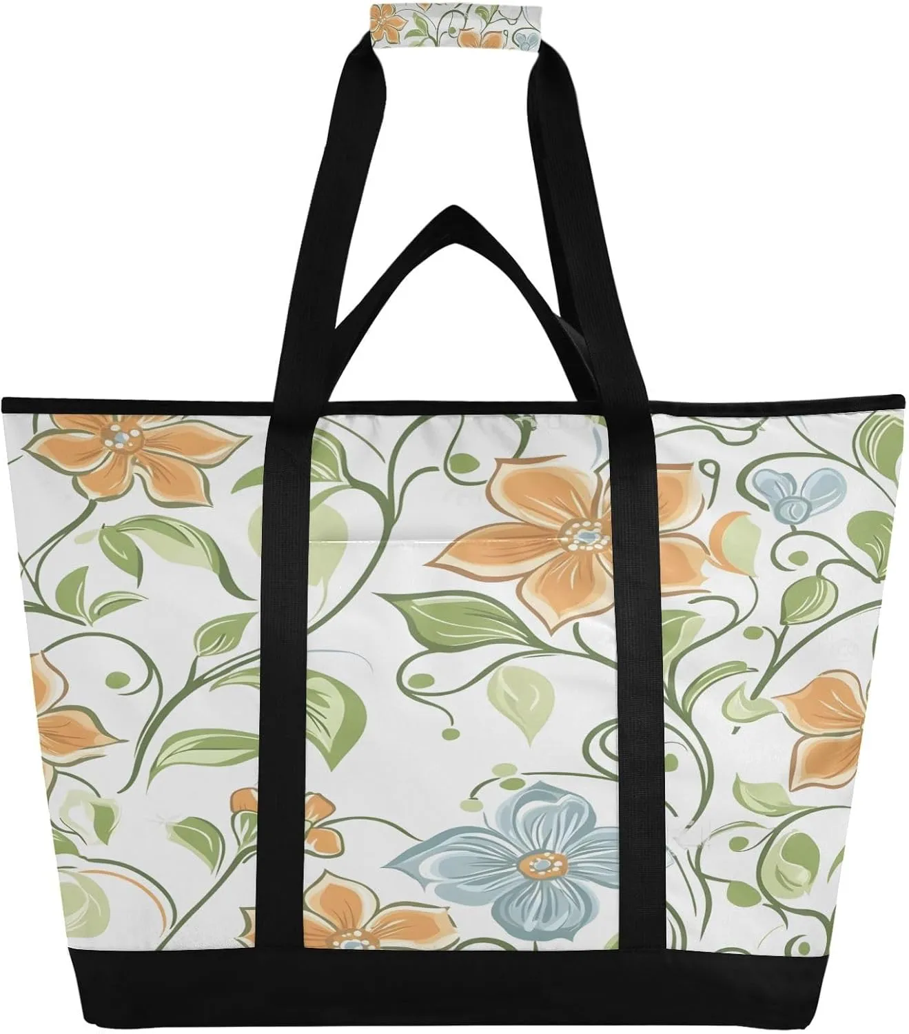 Elegant Flowers Reusable Insulated Lunchbox Cooler Bag, Leakproof Kitchen Grocery Bag Collapsible Portable Cooler Tote Bag for Picnic, Camping, Office, Travel