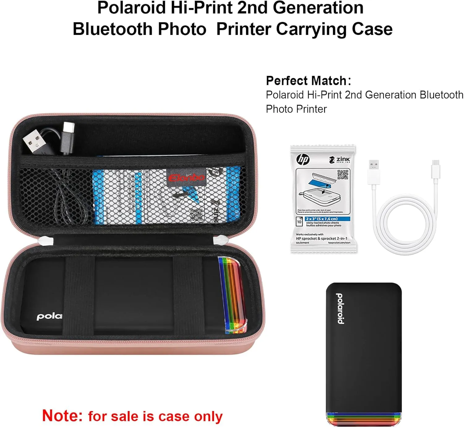 Elonbo Carrying Case for Polaroid Hi-Print   Paper Bundle- 2nd Generation Bluetooth Connected 2x3 Pocket Photo Dye-Sub Printer, Photo Printer Travel Storage Cover Protective Bag, Rose Gold