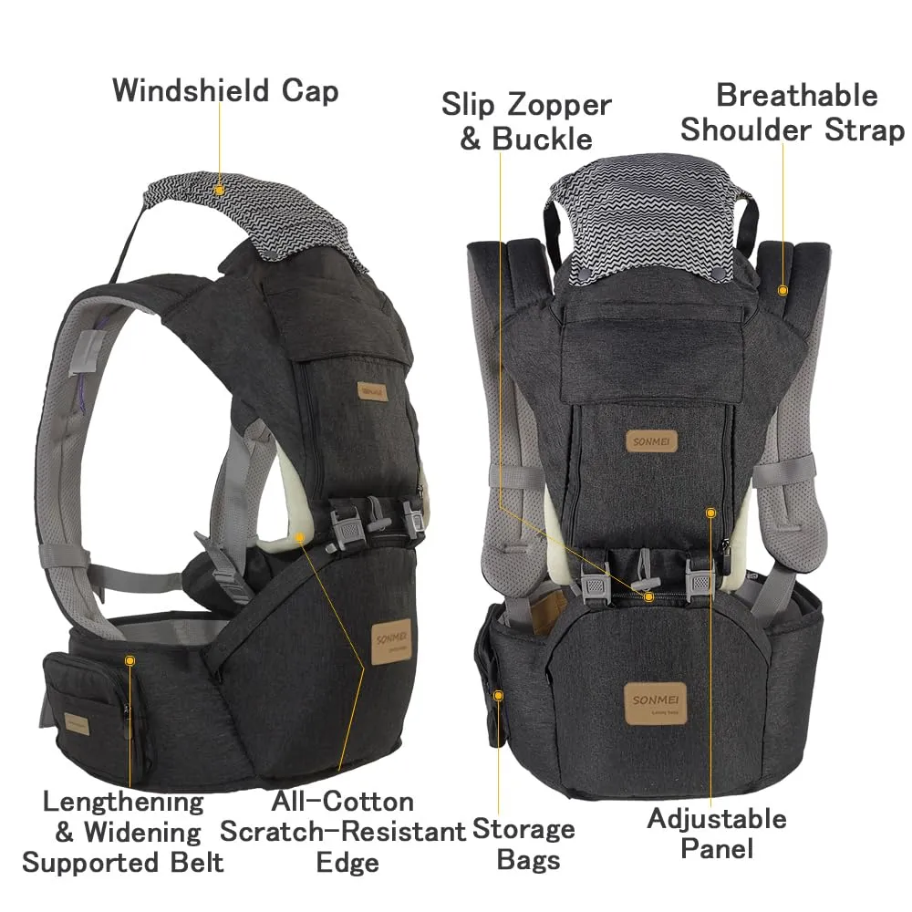 Ergonomic Baby Carrier with Hip Seat, 360° Positions, Soft and Breathable, All Seasons, for Newborns and Toddlers, Hiking Shopping Travelling