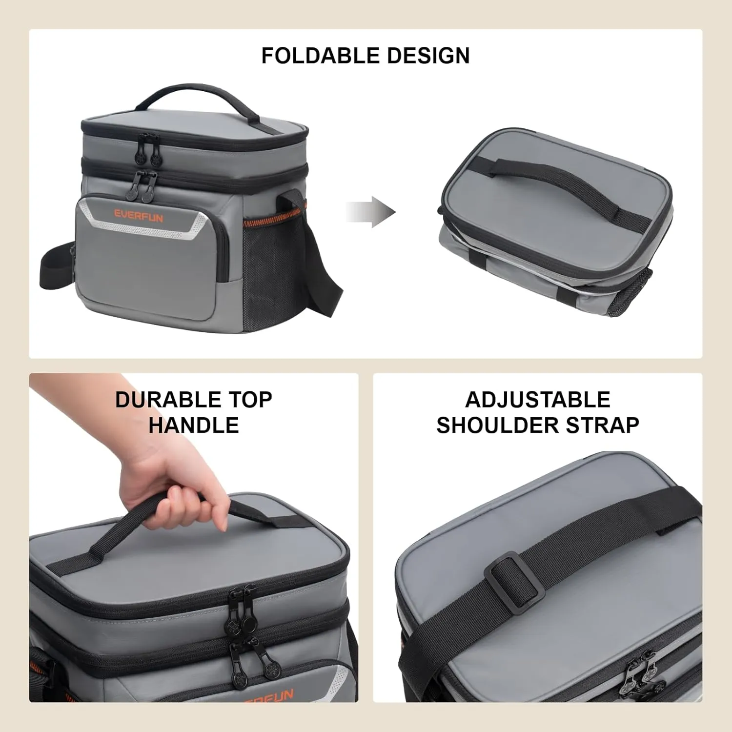 EVERFUN Insulated Lunch Bag Soft Lunch Box for Men Dual Compartments Small Lunch Box Collapsible Waterproof Leak-Proof for Work, Gray