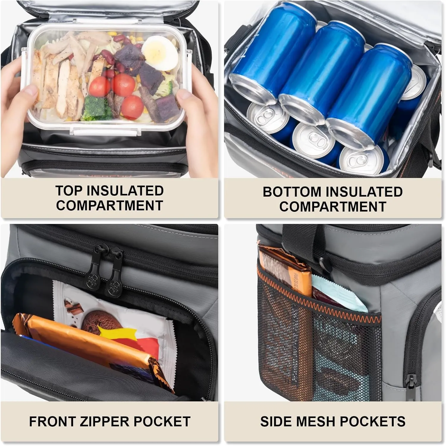 EVERFUN Insulated Lunch Bag Soft Lunch Box for Men Dual Compartments Small Lunch Box Collapsible Waterproof Leak-Proof for Work, Gray