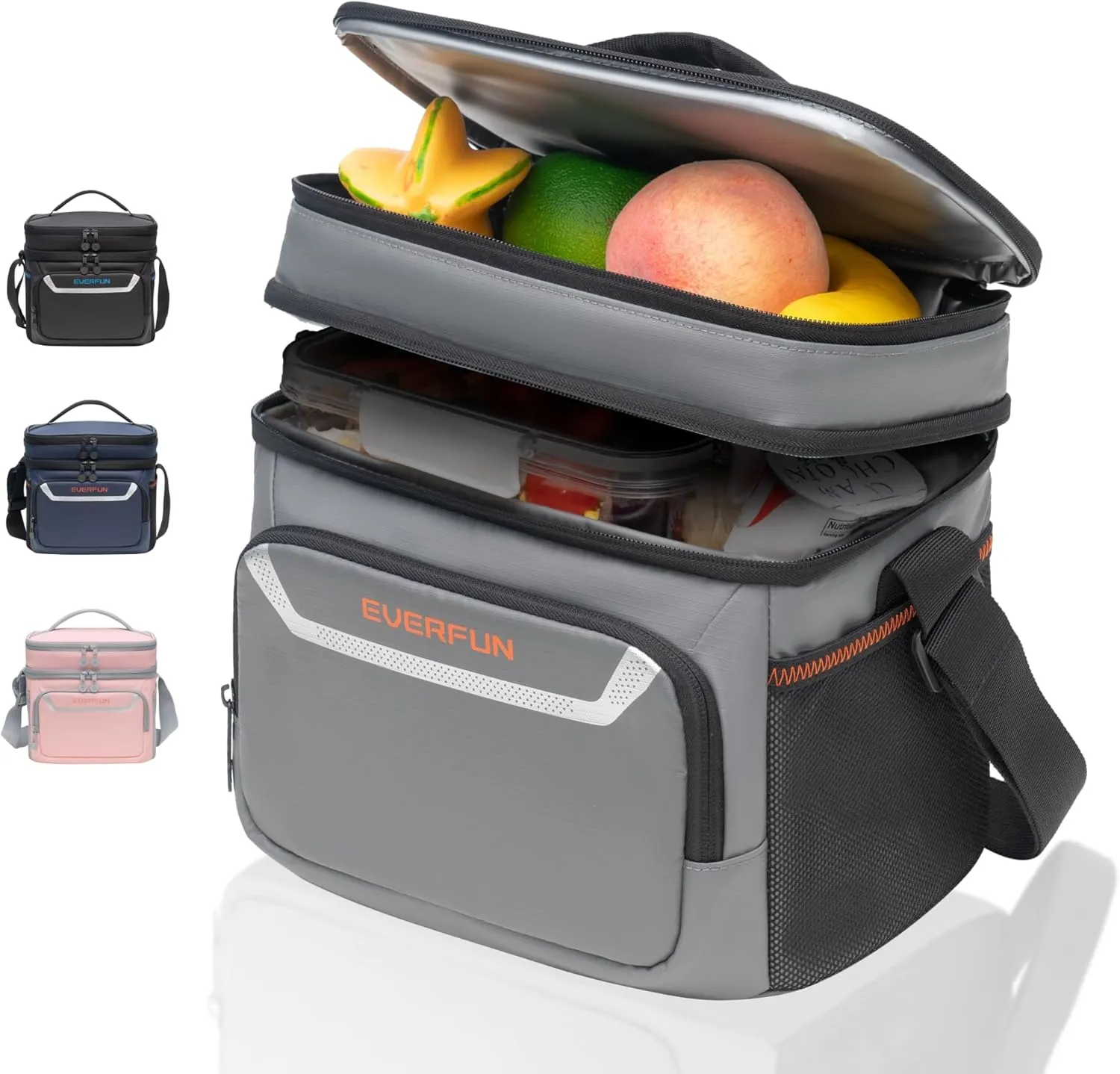 EVERFUN Insulated Lunch Bag Soft Lunch Box for Men Dual Compartments Small Lunch Box Collapsible Waterproof Leak-Proof for Work, Gray