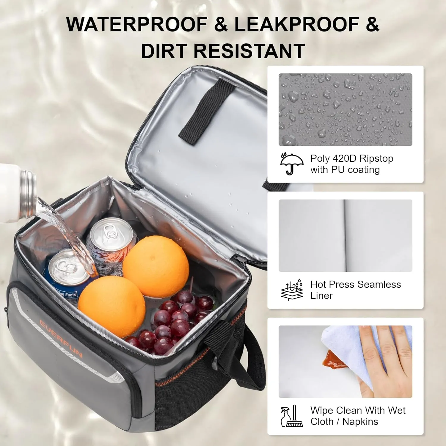 EVERFUN Insulated Lunch Bag Soft Lunch Box for Men Dual Compartments Small Lunch Box Collapsible Waterproof Leak-Proof for Work, Gray