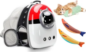 Expandable Cat Carrier Backpack with Catnip Toys, Backpack for Cats Kitten Small Puppy, Airline Approved Cat Bubble Backpack, Space Capsule Astronaut Carrier… (RED BP&Toy, Back Extension)