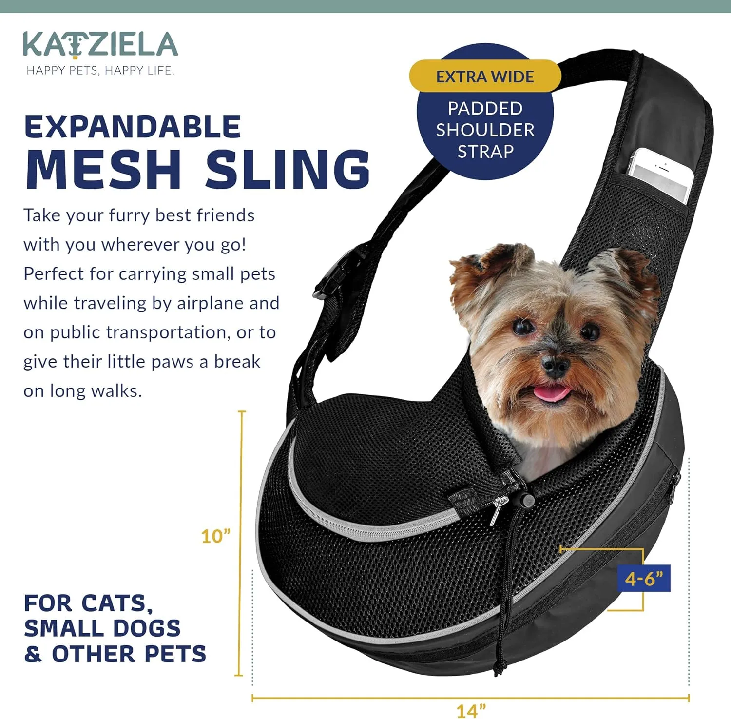 Expandable Pet Carrier Sling Bag - Small Dog, Puppy and Cat Carrier Front Shoulder Backpack w/Harness Strap - Carrying Pouch for ESA, Animal Travel - PU Leather Bottom, Mesh Pocket by Katziela (Black)