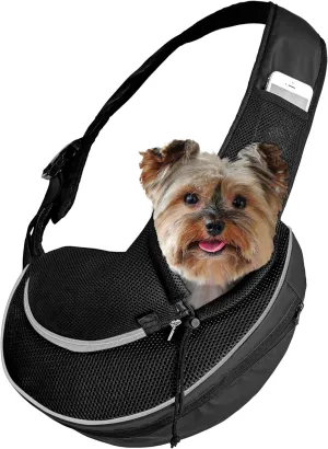 Expandable Pet Carrier Sling Bag - Small Dog, Puppy and Cat Carrier Front Shoulder Backpack w/Harness Strap - Carrying Pouch for ESA, Animal Travel - PU Leather Bottom, Mesh Pocket by Katziela (Black)