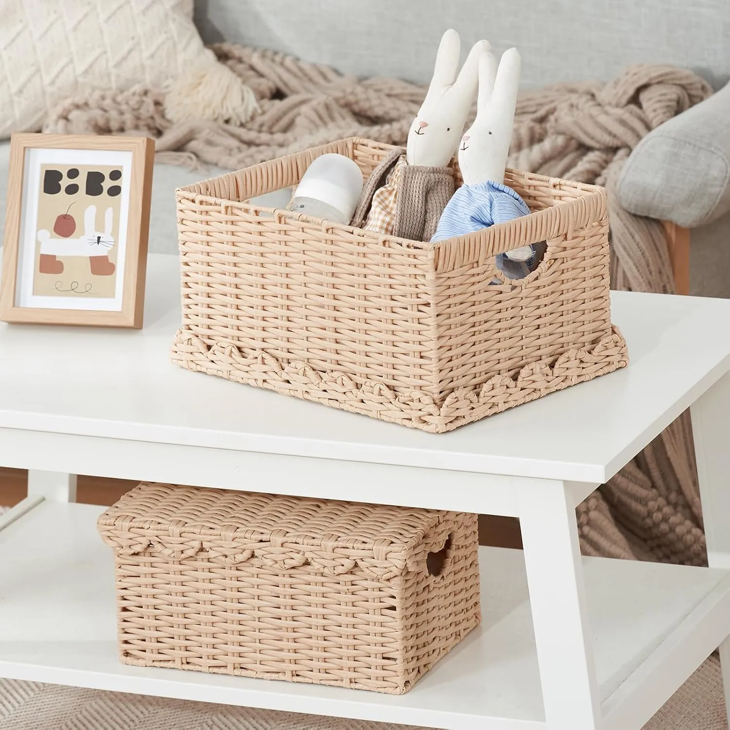 FairyHaus Scalloped Wicker Basket with Lid, Waterproof Wicker Storage Basket with Removable Tray Lid Cream, Handwoven Plactic Wicker Bakests for Nursery 2Pack, 15 x 11.22 x 7& 13 x 9.45 x 5.9